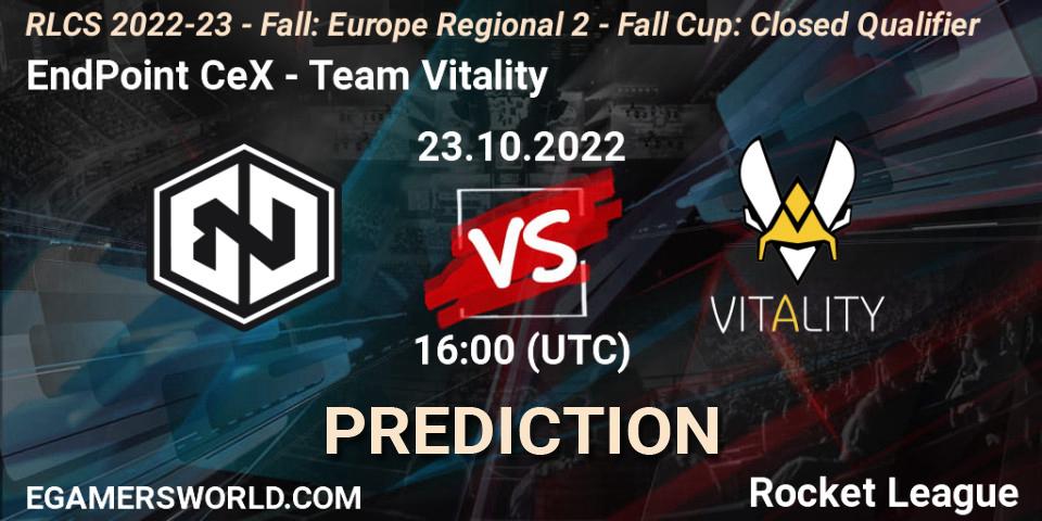 Pronósticos EndPoint CeX - Team Vitality. 23.10.2022 at 16:00. RLCS 2022-23 - Fall: Europe Regional 2 - Fall Cup: Closed Qualifier - Rocket League