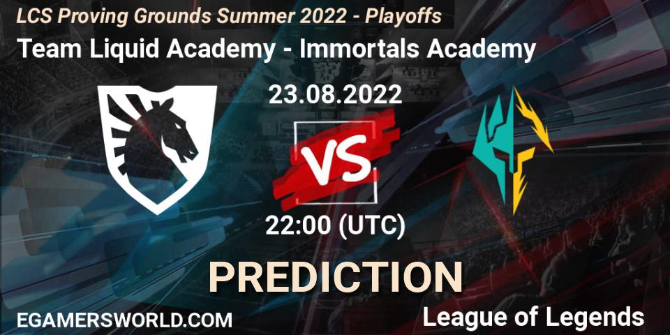 Pronósticos Team Liquid Academy - Immortals Academy. 23.08.2022 at 22:00. LCS Proving Grounds Summer 2022 - Playoffs - LoL
