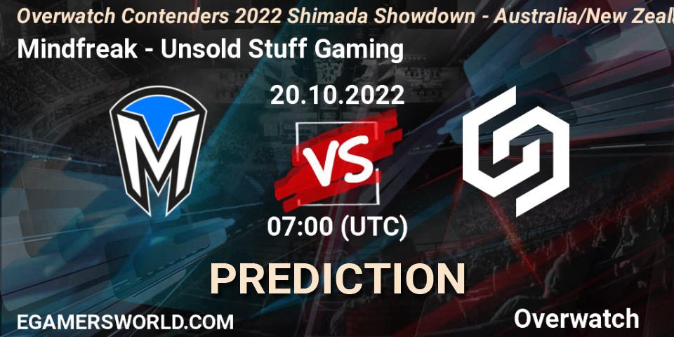 Pronósticos Mindfreak - Unsold Stuff Gaming. 20.10.2022 at 07:00. Overwatch Contenders 2022 Shimada Showdown - Australia/New Zealand - October - Overwatch