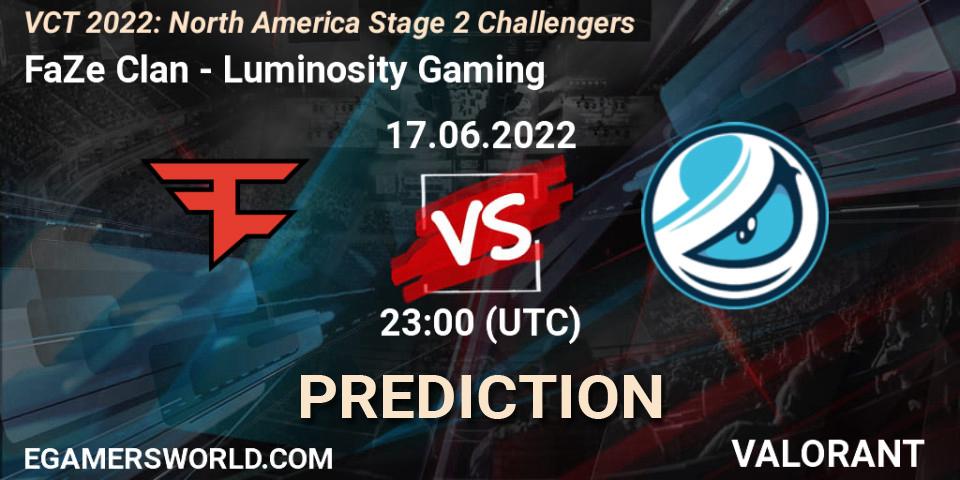 Pronósticos FaZe Clan - Luminosity Gaming. 17.06.2022 at 23:00. VCT 2022: North America Stage 2 Challengers - VALORANT