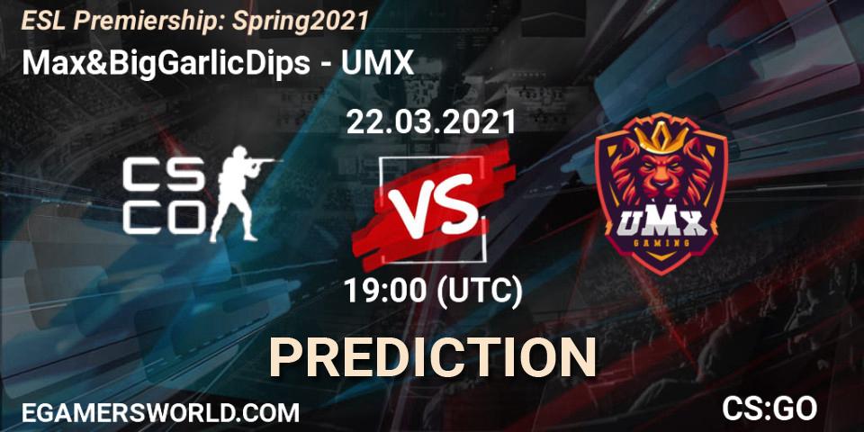 Pronósticos Max&BigGarlicDips - UMX. 22.03.2021 at 19:00. ESL Premiership: Spring 2021 - Counter-Strike (CS2)