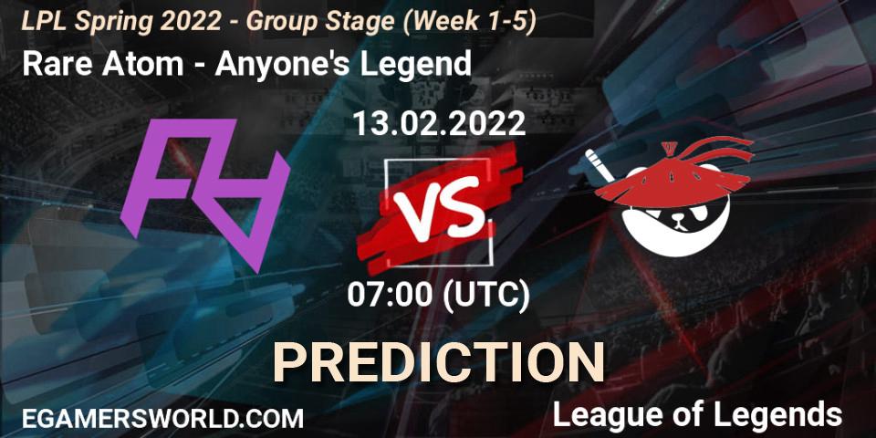Pronósticos Rare Atom - Anyone's Legend. 13.02.22. LPL Spring 2022 - Group Stage (Week 1-5) - LoL