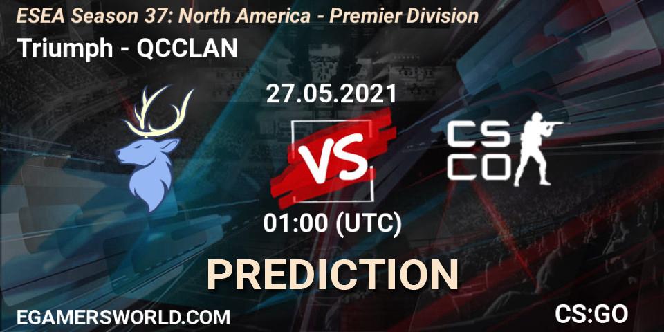Pronósticos Triumph - QCCLAN. 27.05.2021 at 01:00. ESEA Season 37: North America - Premier Division - Counter-Strike (CS2)
