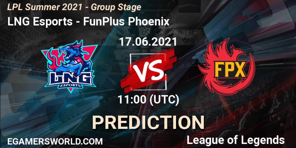 Pronósticos LNG Esports - FunPlus Phoenix. 17.06.2021 at 11:00. LPL Summer 2021 - Group Stage - LoL