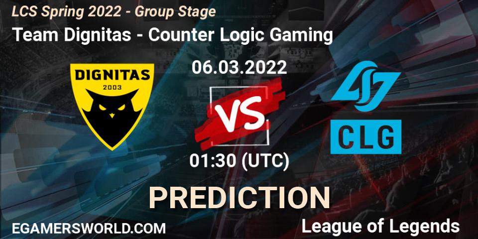 Pronósticos Team Dignitas - Counter Logic Gaming. 06.03.2022 at 01:15. LCS Spring 2022 - Group Stage - LoL