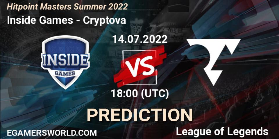 Pronósticos Inside Games - Cryptova. 14.07.2022 at 18:00. Hitpoint Masters Summer 2022 - LoL
