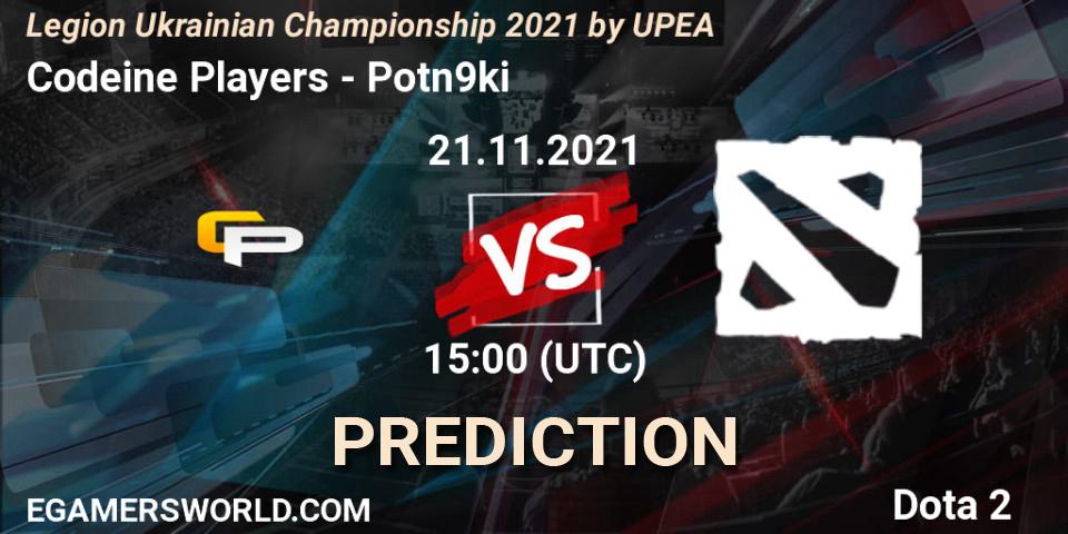 Pronósticos Codeine Players - Potn9ki. 23.11.2021 at 12:00. Legion Ukrainian Championship 2021 by UPEA - Dota 2