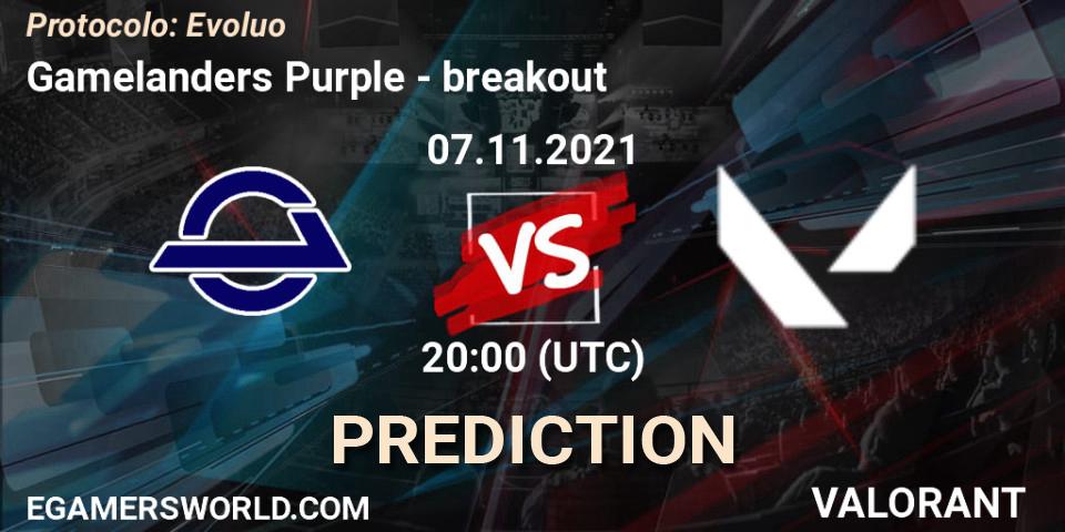 Pronósticos Gamelanders Purple - breakout. 07.11.2021 at 20:00. Protocolo: Evolução - VALORANT