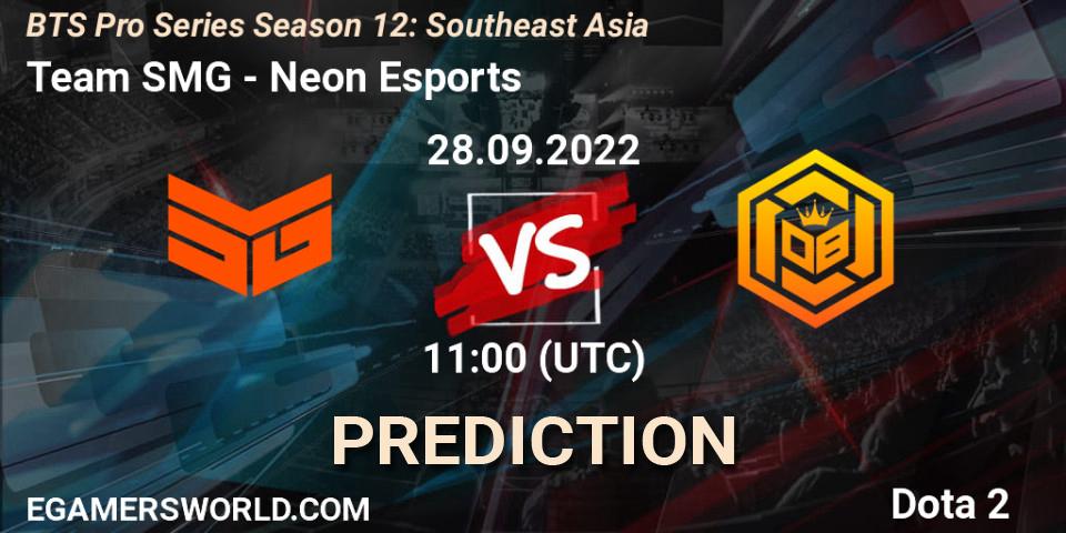 Pronósticos Team SMG - Neon Esports. 28.09.2022 at 11:05. BTS Pro Series Season 12: Southeast Asia - Dota 2
