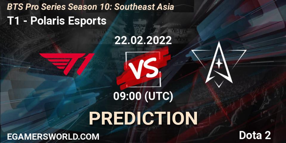 Pronósticos T1 - Polaris Esports. 22.02.2022 at 09:00. BTS Pro Series Season 10: Southeast Asia - Dota 2