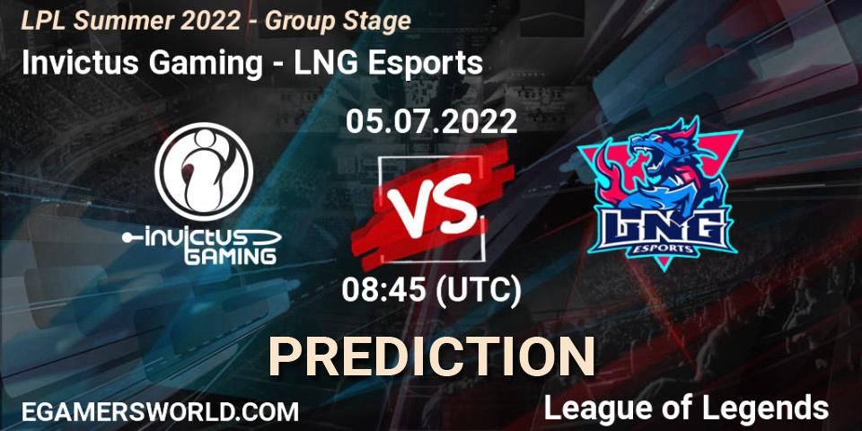 Pronósticos Invictus Gaming - LNG Esports. 05.07.2022 at 08:45. LPL Summer 2022 - Group Stage - LoL