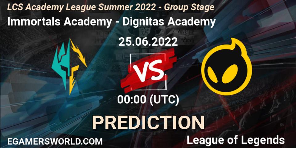 Pronósticos Immortals Academy - Dignitas Academy. 25.06.2022 at 00:00. LCS Academy League Summer 2022 - Group Stage - LoL