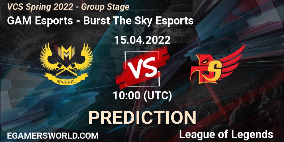 Pronósticos GAM Esports - Burst The Sky Esports. 10.04.2022 at 10:00. VCS Spring 2022 - Group Stage - LoL
