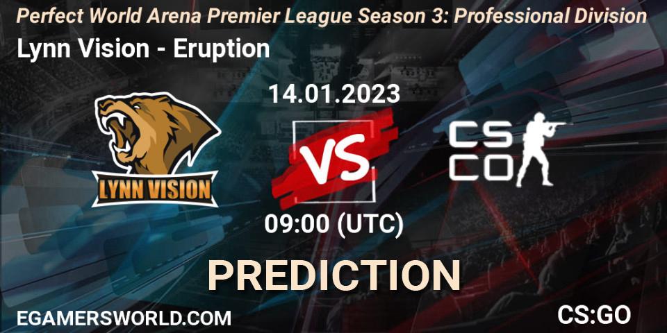 Pronósticos Lynn Vision - Eruption. 14.01.2023 at 09:00. Perfect World Arena Premier League Season 3: Professional Division - Counter-Strike (CS2)