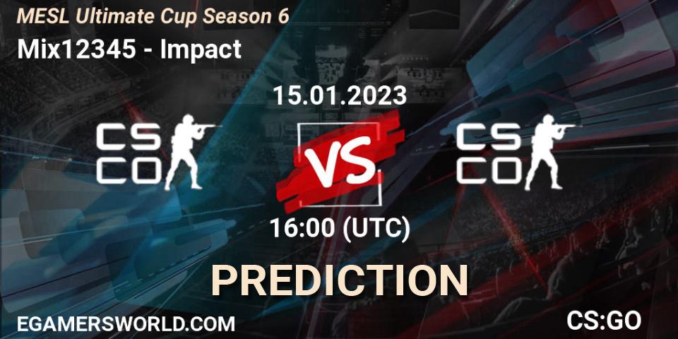 Pronósticos Mix12345 - Impact. 15.01.2023 at 16:00. MESL Ultimate Cup Season 6 - Counter-Strike (CS2)