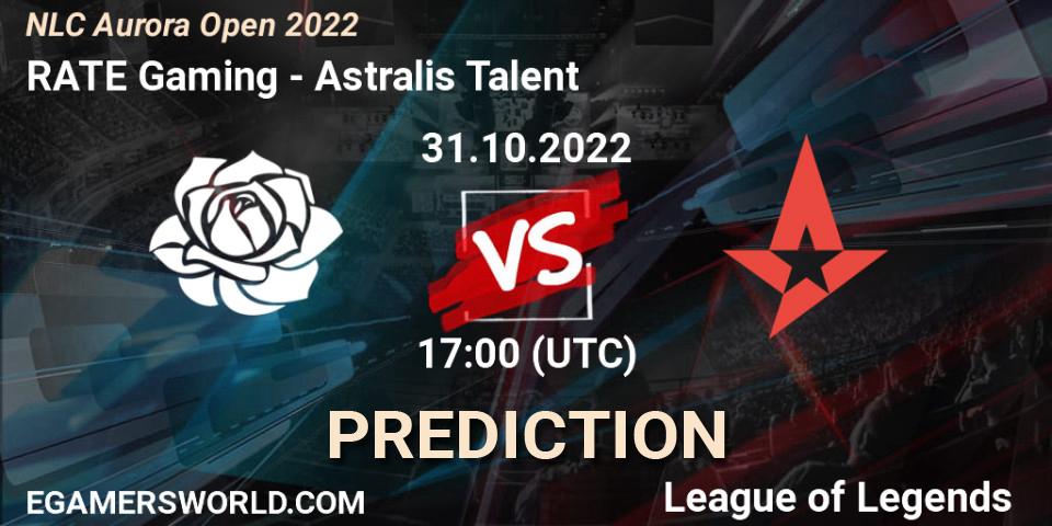 Pronósticos RATE Gaming - Astralis Talent. 31.10.2022 at 17:00. NLC Aurora Open 2022 - LoL