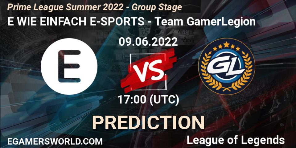 Pronósticos E WIE EINFACH E-SPORTS - Team GamerLegion. 09.06.2022 at 19:00. Prime League Summer 2022 - Group Stage - LoL