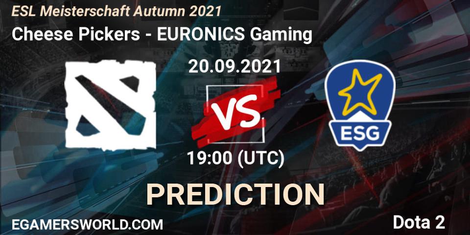 Pronósticos Cheese Pickers - EURONICS Gaming. 20.09.2021 at 18:30. ESL Meisterschaft Autumn 2021 - Dota 2