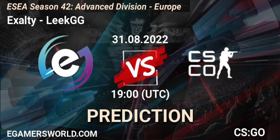 Pronósticos Exalty - LeekGG. 13.09.2022 at 19:00. ESEA Season 42: Advanced Division - Europe - Counter-Strike (CS2)