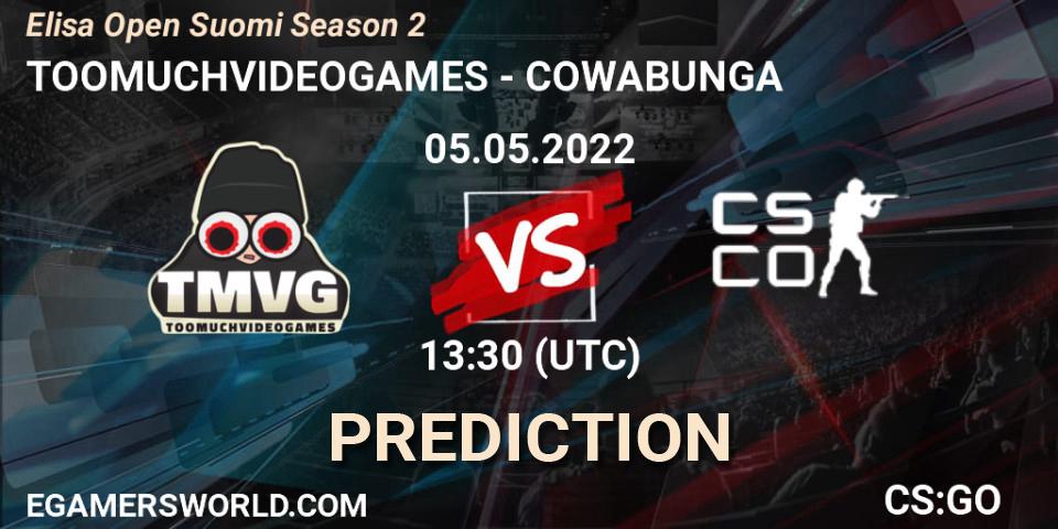 Pronósticos TOOMUCHVIDEOGAMES - COWABUNGA. 05.05.2022 at 16:30. Elisa Open Suomi Season 2 - Counter-Strike (CS2)