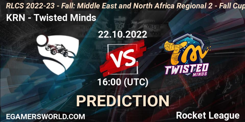 Pronósticos KRN - Twisted Minds. 22.10.2022 at 16:00. RLCS 2022-23 - Fall: Middle East and North Africa Regional 2 - Fall Cup - Rocket League