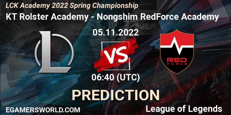 Pronósticos KT Rolster Academy - Nongshim RedForce Academy. 05.11.2022 at 06:40. LCK Academy 2022 Spring Championship - LoL