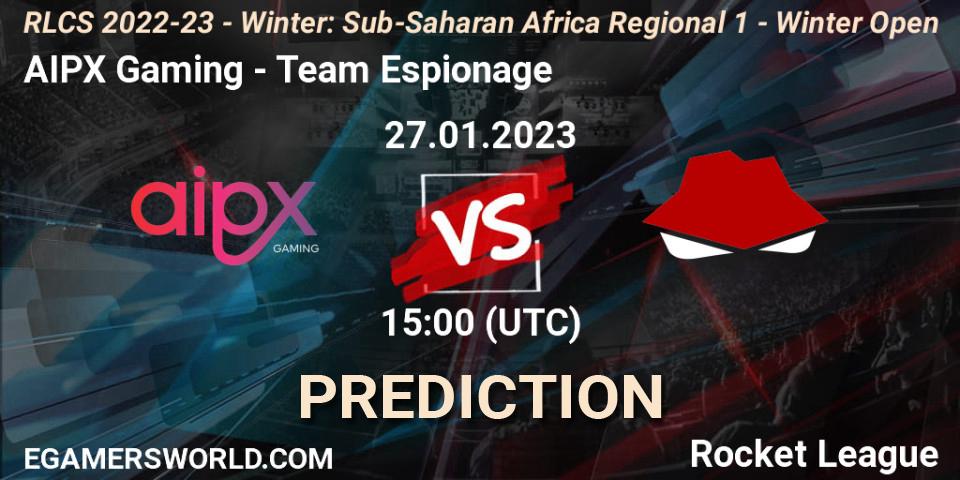 Pronósticos AIPX Gaming - Team Espionage. 27.01.2023 at 15:00. RLCS 2022-23 - Winter: Sub-Saharan Africa Regional 1 - Winter Open - Rocket League