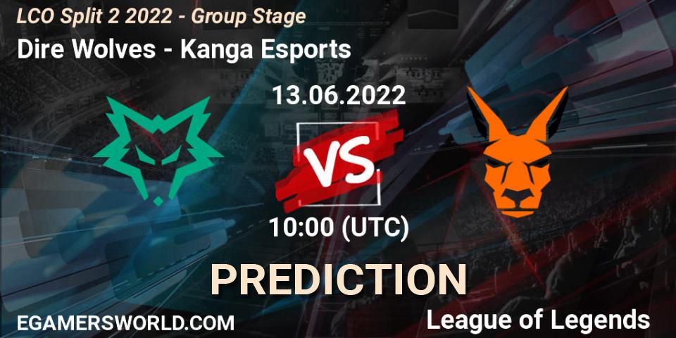 Pronósticos Dire Wolves - Kanga Esports. 13.06.2022 at 10:15. LCO Split 2 2022 - Group Stage - LoL