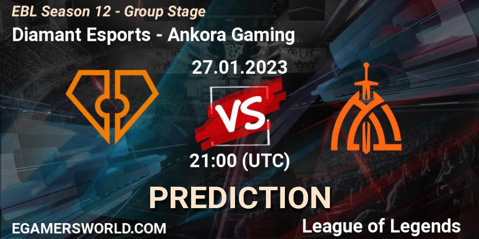 Pronósticos Diamant Esports - Ankora Gaming. 27.01.2023 at 21:00. EBL Season 12 - Group Stage - LoL