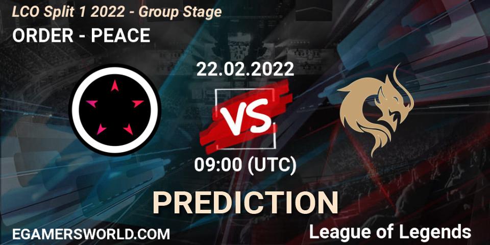 Pronósticos ORDER - PEACE. 22.02.2022 at 09:00. LCO Split 1 2022 - Group Stage - LoL