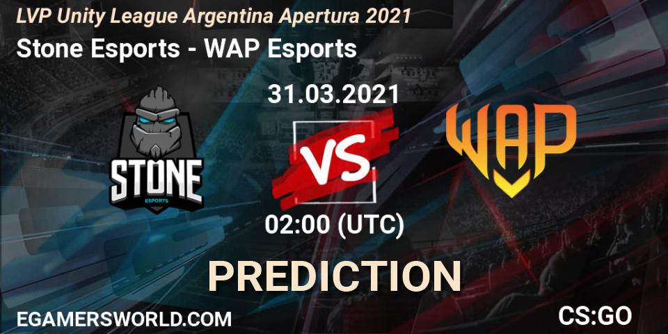 Pronósticos Stone Esports - WAP Esports. 31.03.2021 at 02:00. LVP Unity League Argentina Apertura 2021 - Counter-Strike (CS2)