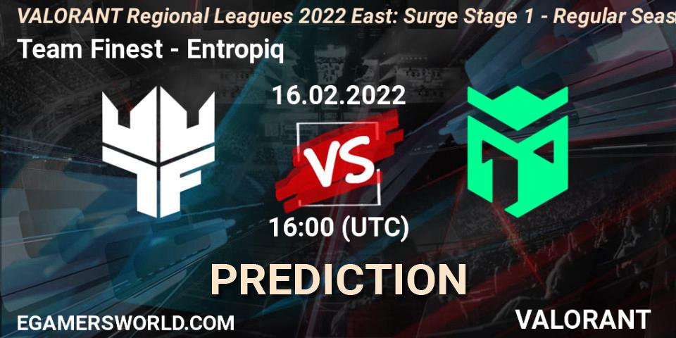 Pronósticos Team Finest - Entropiq. 16.02.2022 at 16:00. VALORANT Regional Leagues 2022 East: Surge Stage 1 - Regular Season - VALORANT