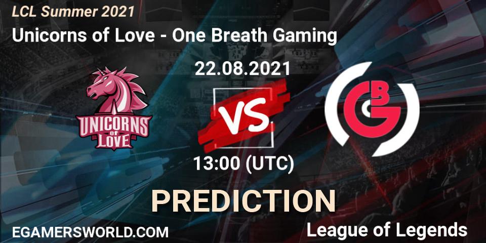 Pronósticos Unicorns of Love - One Breath Gaming. 22.08.2021 at 13:00. LCL Summer 2021 - LoL