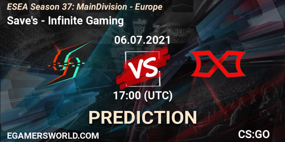 Pronósticos Save's - Infinite Gaming. 06.07.2021 at 17:00. ESEA Season 37: Main Division - Europe - Counter-Strike (CS2)