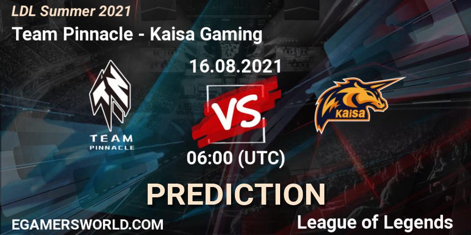 Pronósticos Team Pinnacle - Kaisa Gaming. 16.08.2021 at 07:00. LDL Summer 2021 - LoL