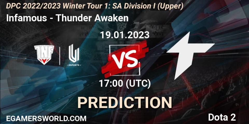 Pronósticos Infamous - Thunder Awaken. 19.01.2023 at 17:16. DPC 2022/2023 Winter Tour 1: SA Division I (Upper) - Dota 2