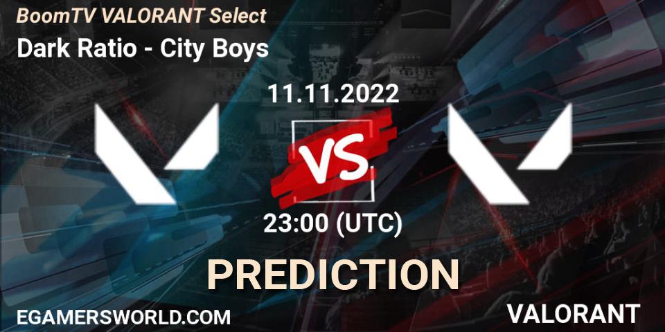 Pronósticos Dark Ratio - City Boys. 11.11.2022 at 23:00. BoomTV VALORANT Select - VALORANT