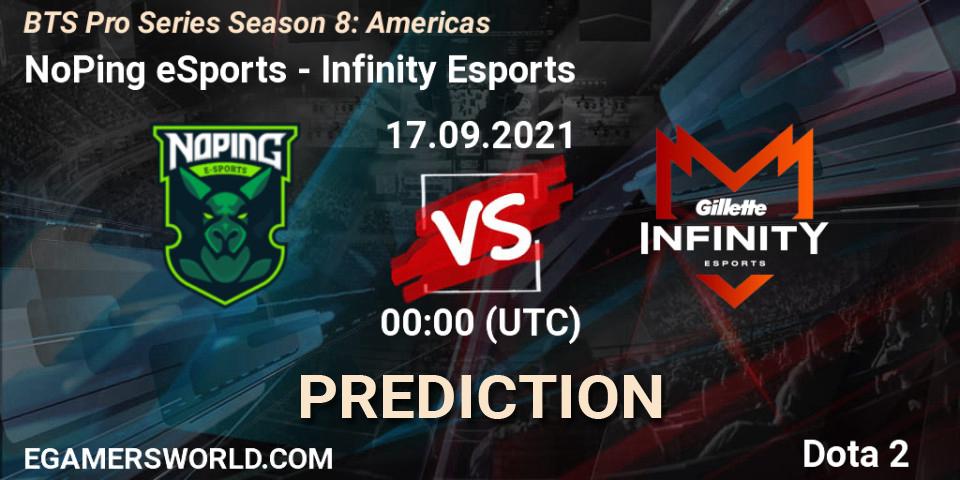 Pronósticos NoPing eSports - Infinity Esports. 17.09.2021 at 01:31. BTS Pro Series Season 8: Americas - Dota 2