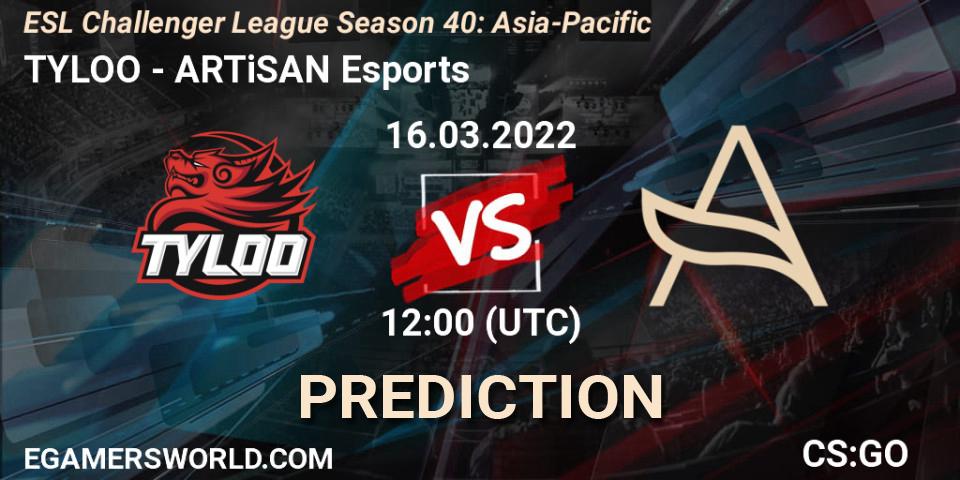 Pronósticos TYLOO - ARTiSAN Esports. 16.03.2022 at 12:00. ESL Challenger League Season 40: Asia-Pacific - Counter-Strike (CS2)