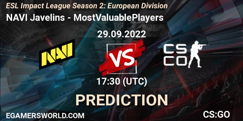 Pronósticos NAVI Javelins - MostValuablePlayers. 29.09.2022 at 17:30. ESL Impact League Season 2: European Division - Counter-Strike (CS2)
