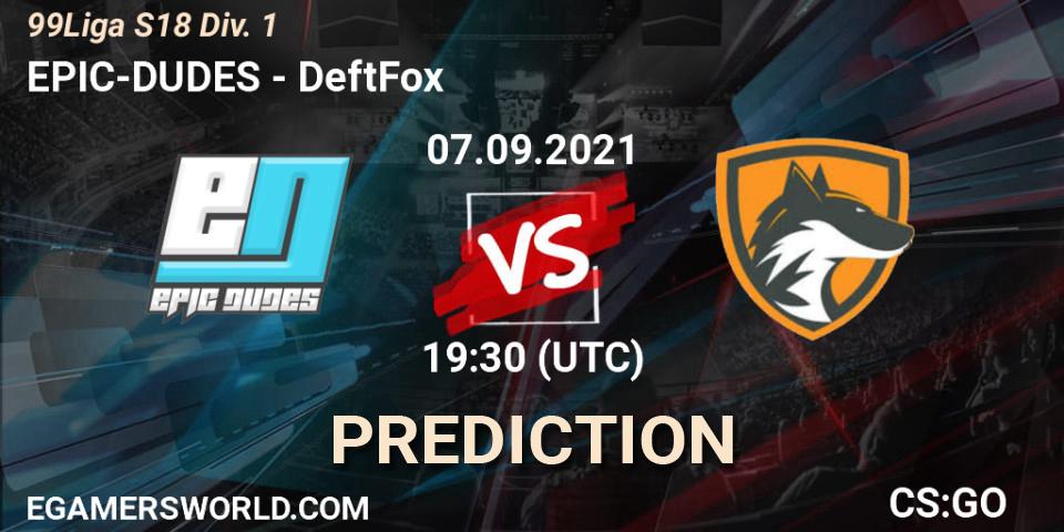 Pronósticos EPIC-DUDES - DeftFox. 07.09.2021 at 19:30. 99Liga S18 Div. 1 - Counter-Strike (CS2)