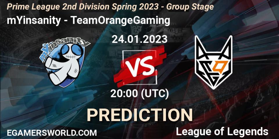 Pronósticos mYinsanity - TeamOrangeGaming. 24.01.2023 at 20:00. Prime League 2nd Division Spring 2023 - Group Stage - LoL