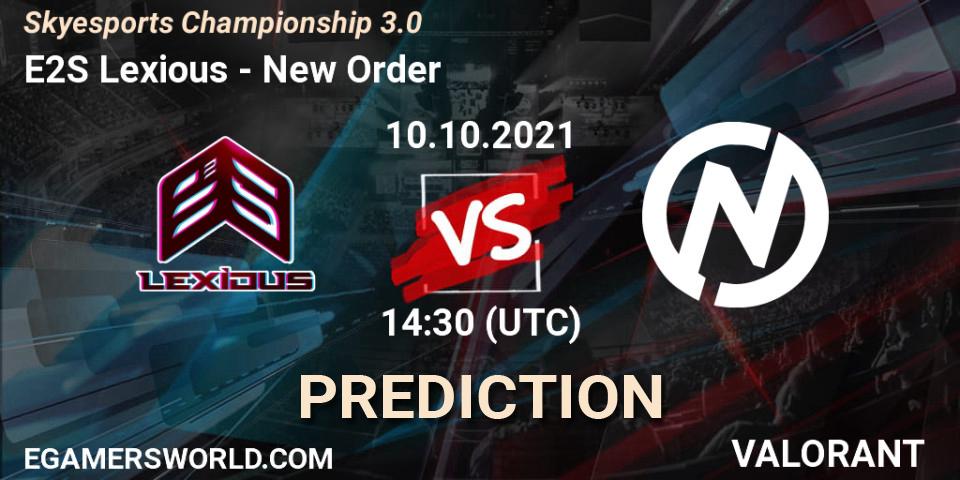 Pronósticos E2S Lexious - New Order. 10.10.2021 at 14:30. Skyesports Championship 3.0 - VALORANT