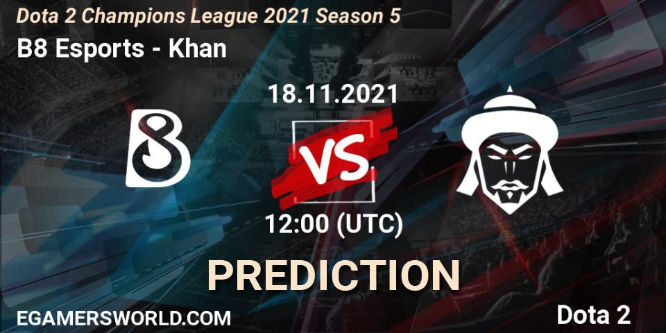 Pronósticos B8 Esports - Khan. 18.11.2021 at 12:01. Dota 2 Champions League 2021 Season 5 - Dota 2