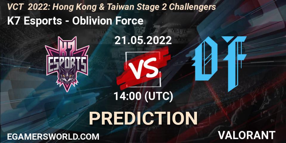 Pronósticos K7 Esports - Oblivion Force. 21.05.2022 at 14:40. VCT 2022: Hong Kong & Taiwan Stage 2 Challengers - VALORANT