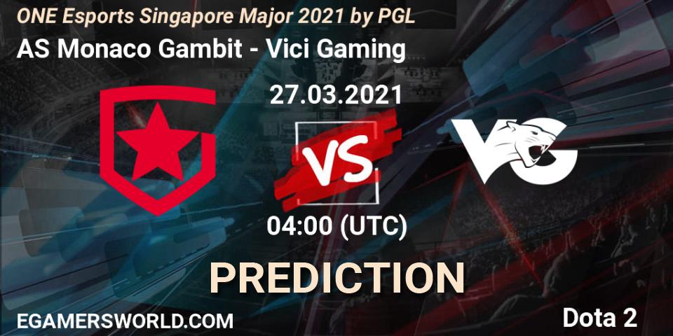 Pronósticos AS Monaco Gambit - Vici Gaming. 27.03.2021 at 04:10. ONE Esports Singapore Major 2021 - Dota 2