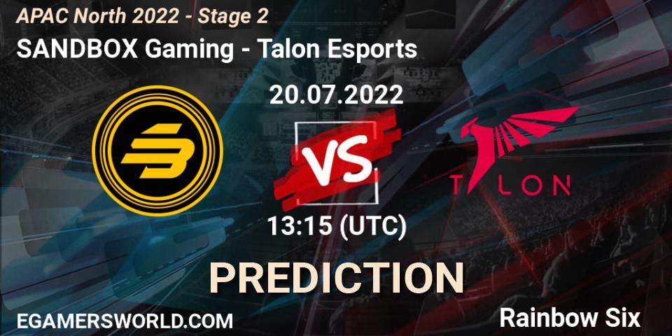 Pronósticos SANDBOX Gaming - Talon Esports. 20.07.2022 at 13:15. APAC North 2022 - Stage 2 - Rainbow Six
