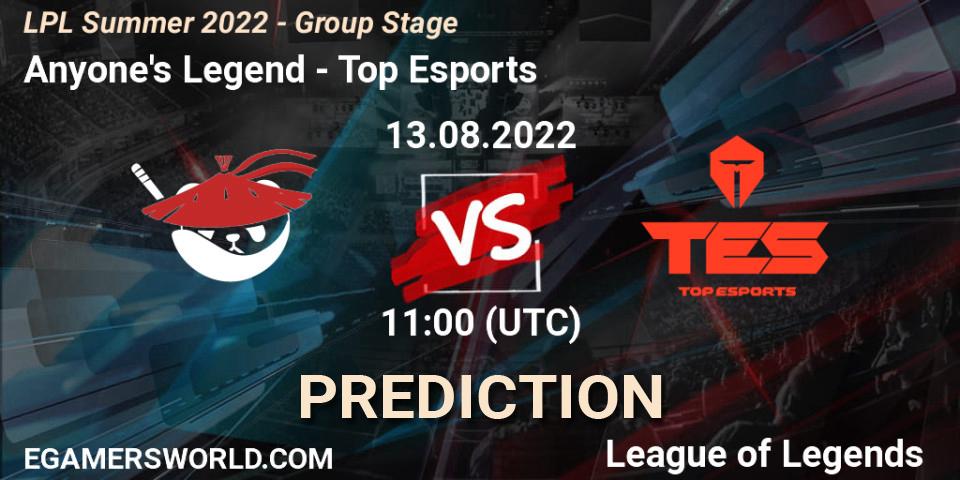 Pronósticos Anyone's Legend - Top Esports. 13.08.22. LPL Summer 2022 - Group Stage - LoL