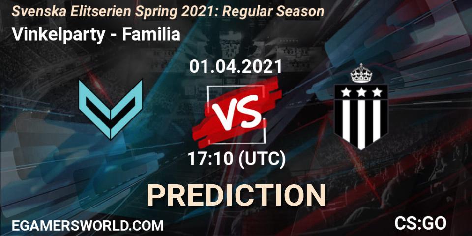 Pronósticos Vinkelparty - Familia. 01.04.2021 at 17:10. Svenska Elitserien Spring 2021: Regular Season - Counter-Strike (CS2)