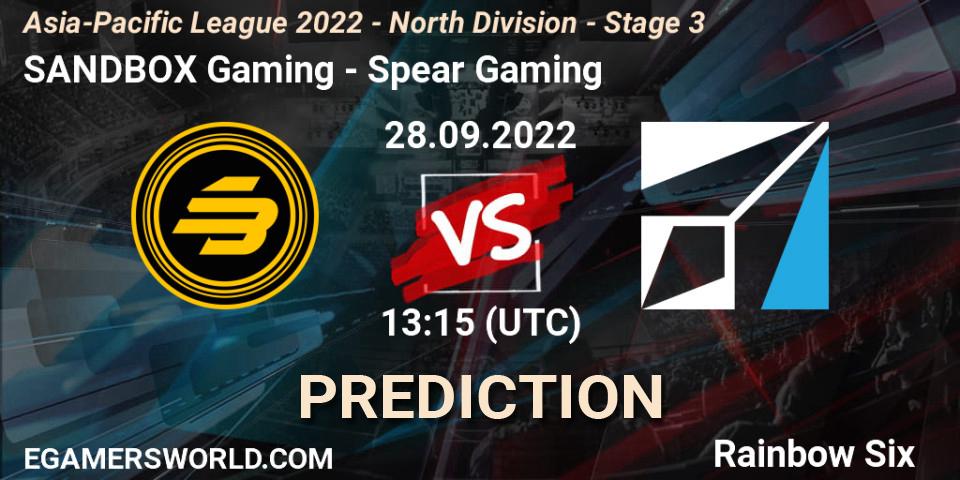 Pronósticos SANDBOX Gaming - Spear Gaming. 28.09.2022 at 13:15. Asia-Pacific League 2022 - North Division - Stage 3 - Rainbow Six